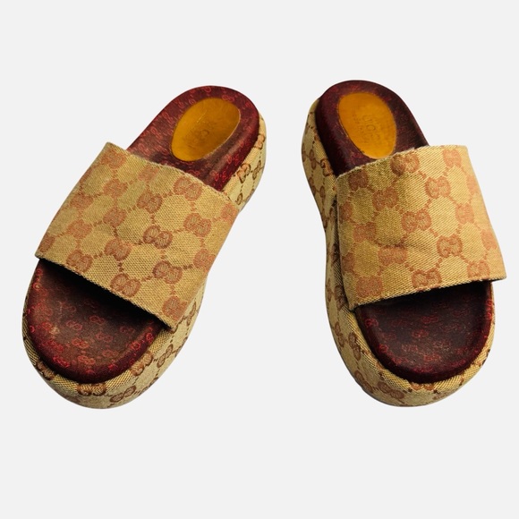 Gucci Angelina Platform Slide Sandals Original GG Canvas Red monogram size 7 - Picture 2 of 13